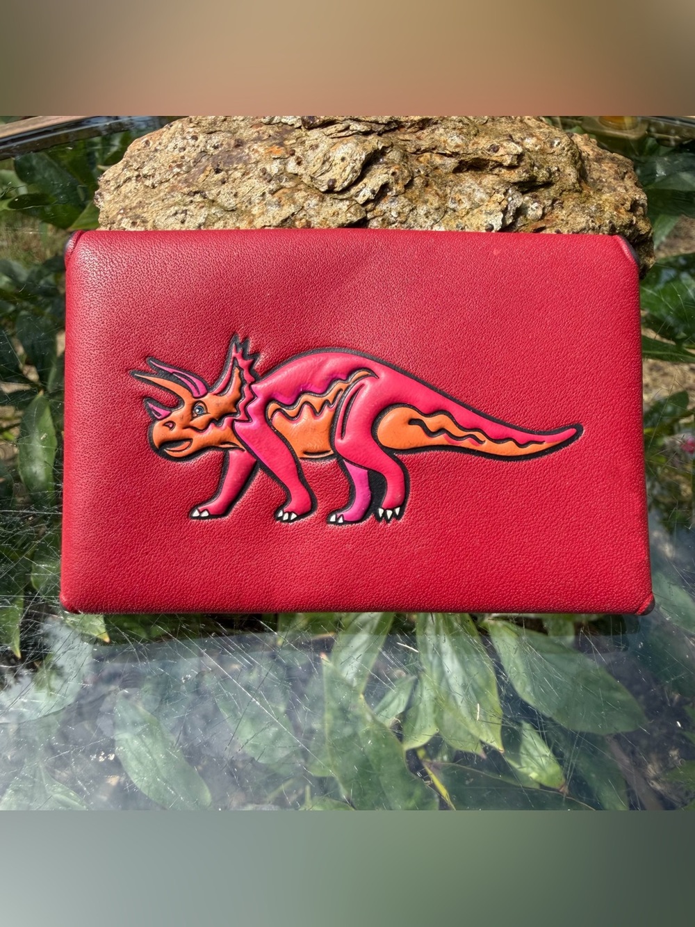 Coach Red Leather Triceratops Dinosaur Turnlock Card Case 56408G
